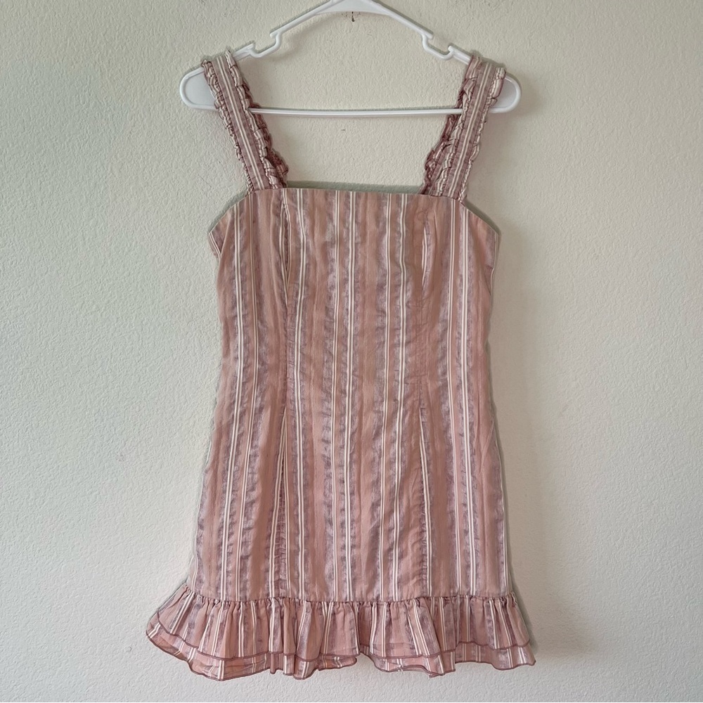 ALEXIS The Brandy Striped Linen Blend Ruffle Mini Dress Rose Pink Small - Picture 6 of 16